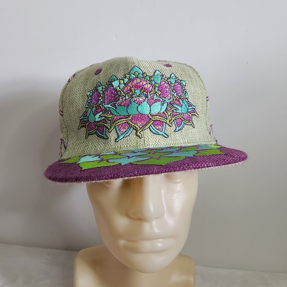 Flight Inspired Green Purple Burlap Embroidered 100% Hemp Hat Cap 7 1/8